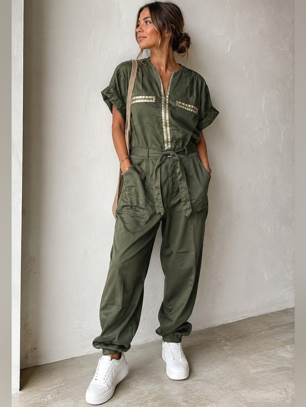 NWT Insprd By Tezza Olive Green Utility Jumpsuit with Tie Waist